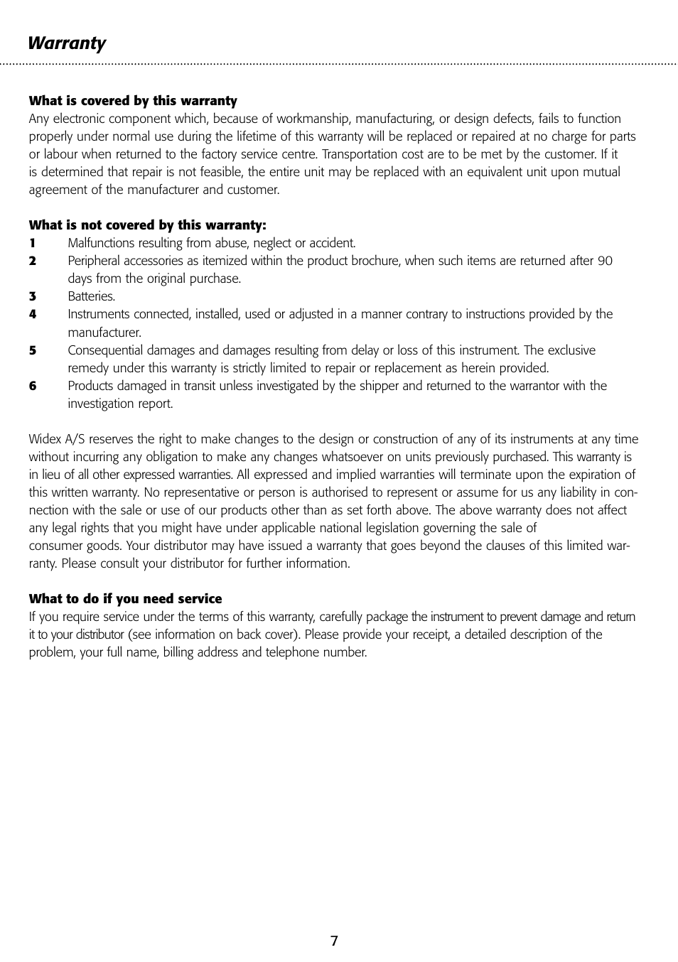 Warranty | Widex T-Dex User Manual | Page 7 / 12