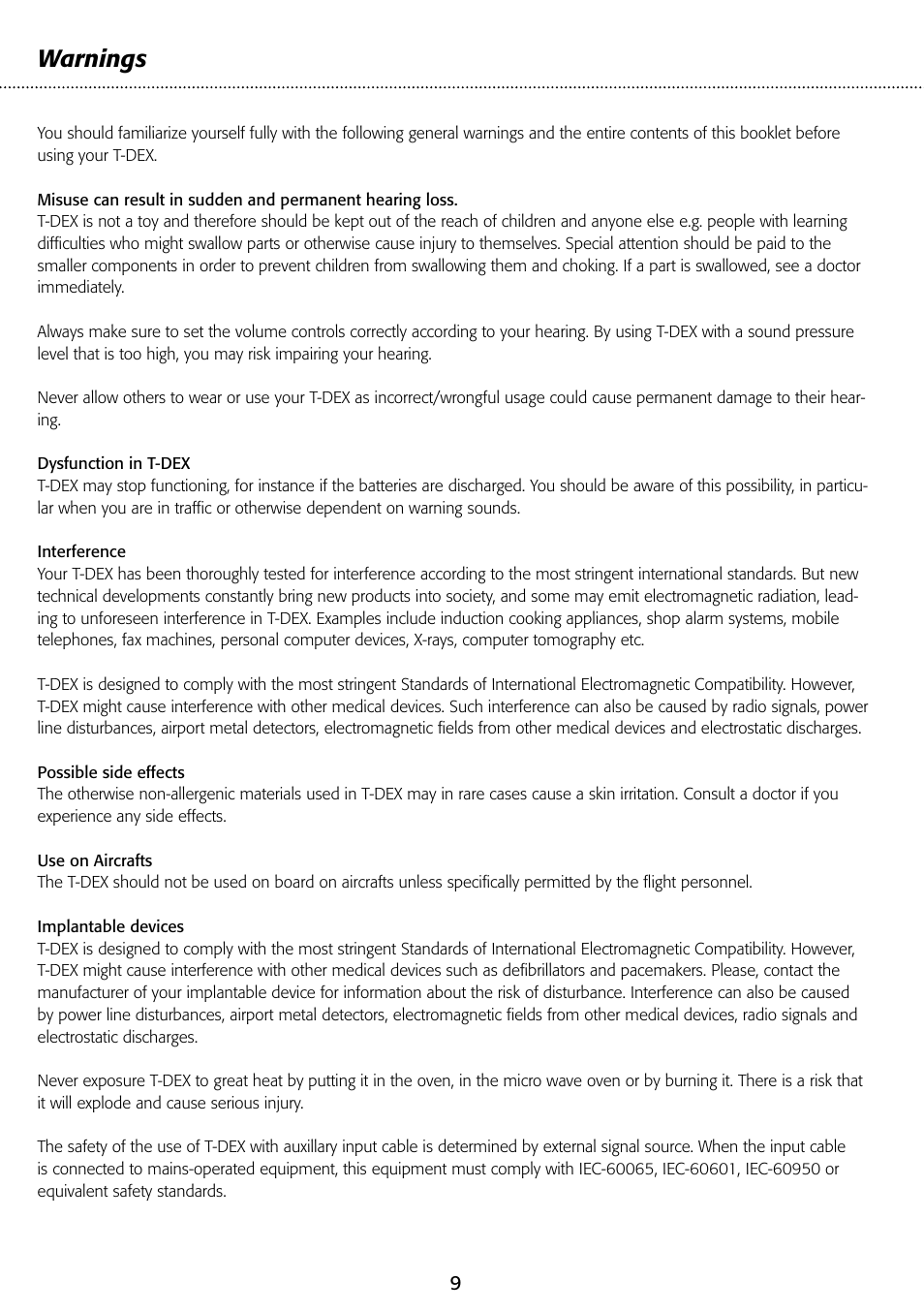 Warnings | Widex T-Dex User Manual | Page 9 / 12