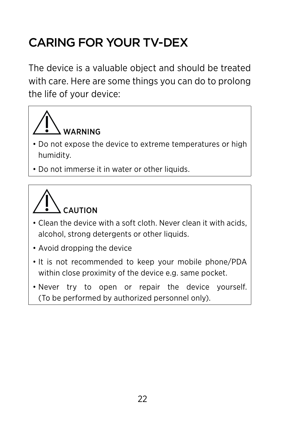 Caring for your tv-dex | Widex TV-DEX User Manual | Page 22 / 40