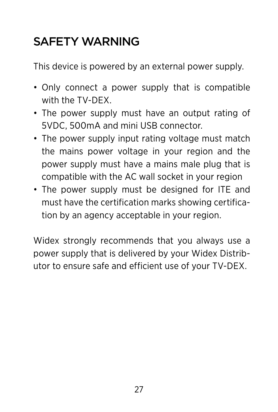 Safety warning | Widex TV-DEX User Manual | Page 27 / 40