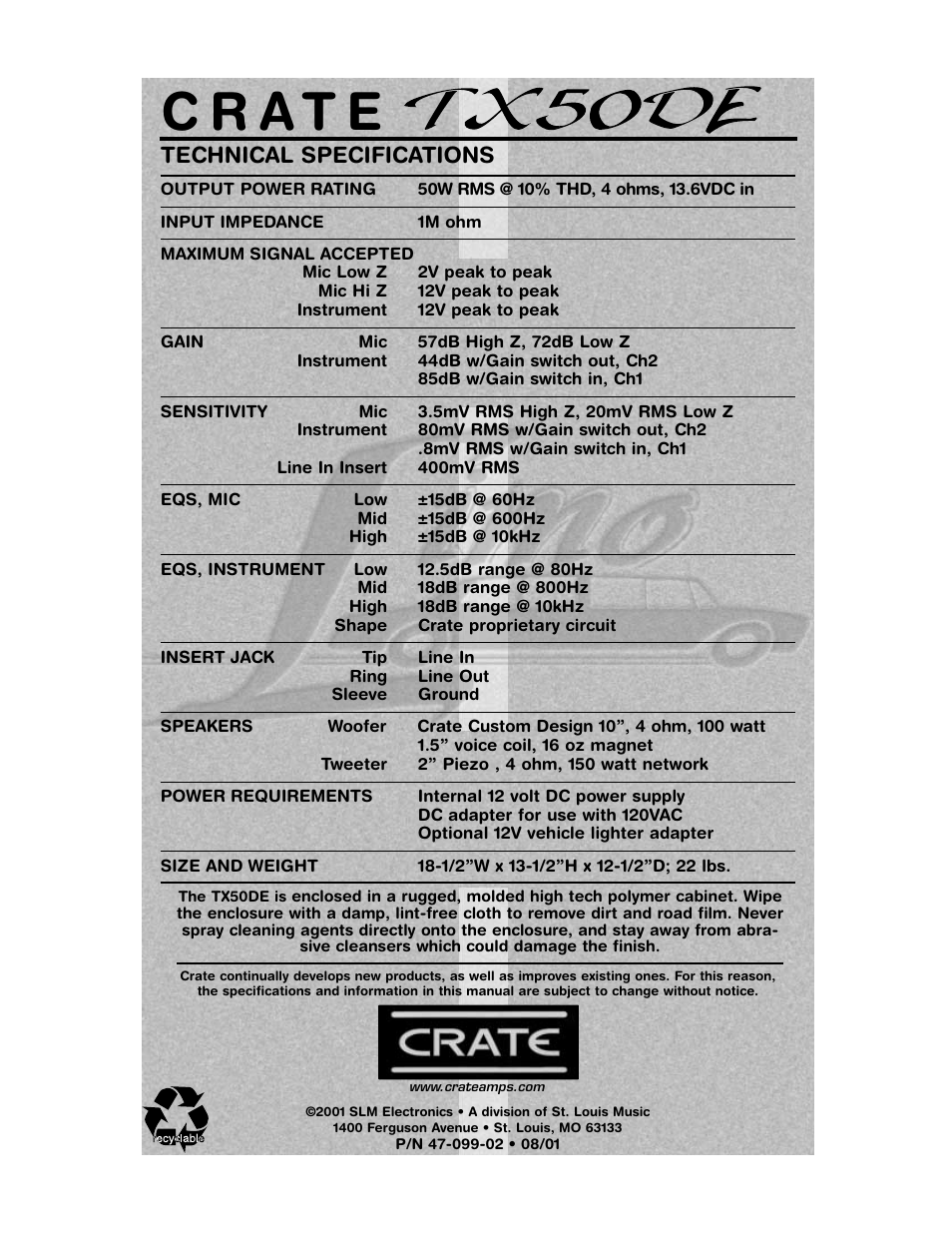 Technical specifications | Crate Amplifiers TX50DE User Manual | Page 12 / 12