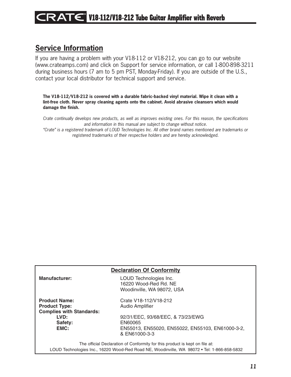 Service information | Crate Amplifiers V18-112 User Manual | Page 11 / 12