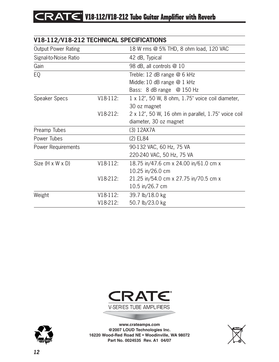 Crate Amplifiers V18-112 User Manual | Page 12 / 12