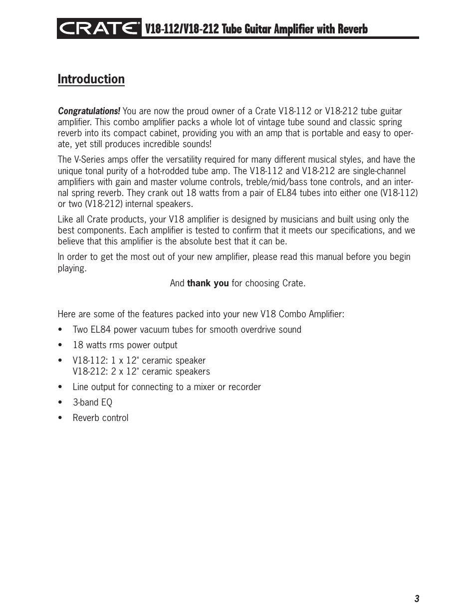 Introduction | Crate Amplifiers V18-112 User Manual | Page 3 / 12