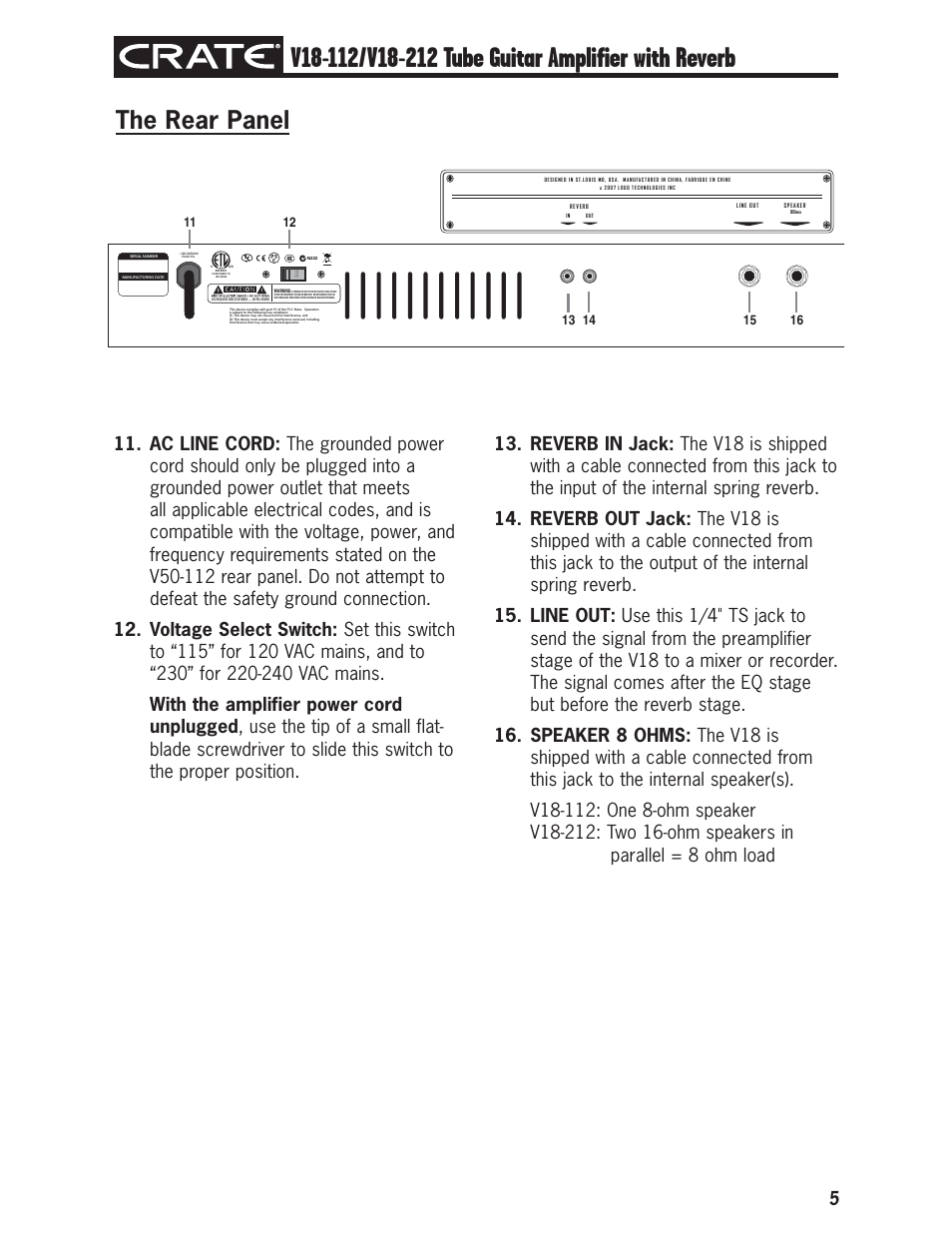 The rear panel | Crate Amplifiers V18-112 User Manual | Page 5 / 12