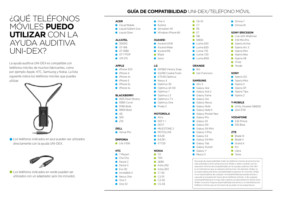 Guía de compatibilidad uni-dex/teléfono móvil | Widex UNI-DEX User Manual | Page 2 / 2