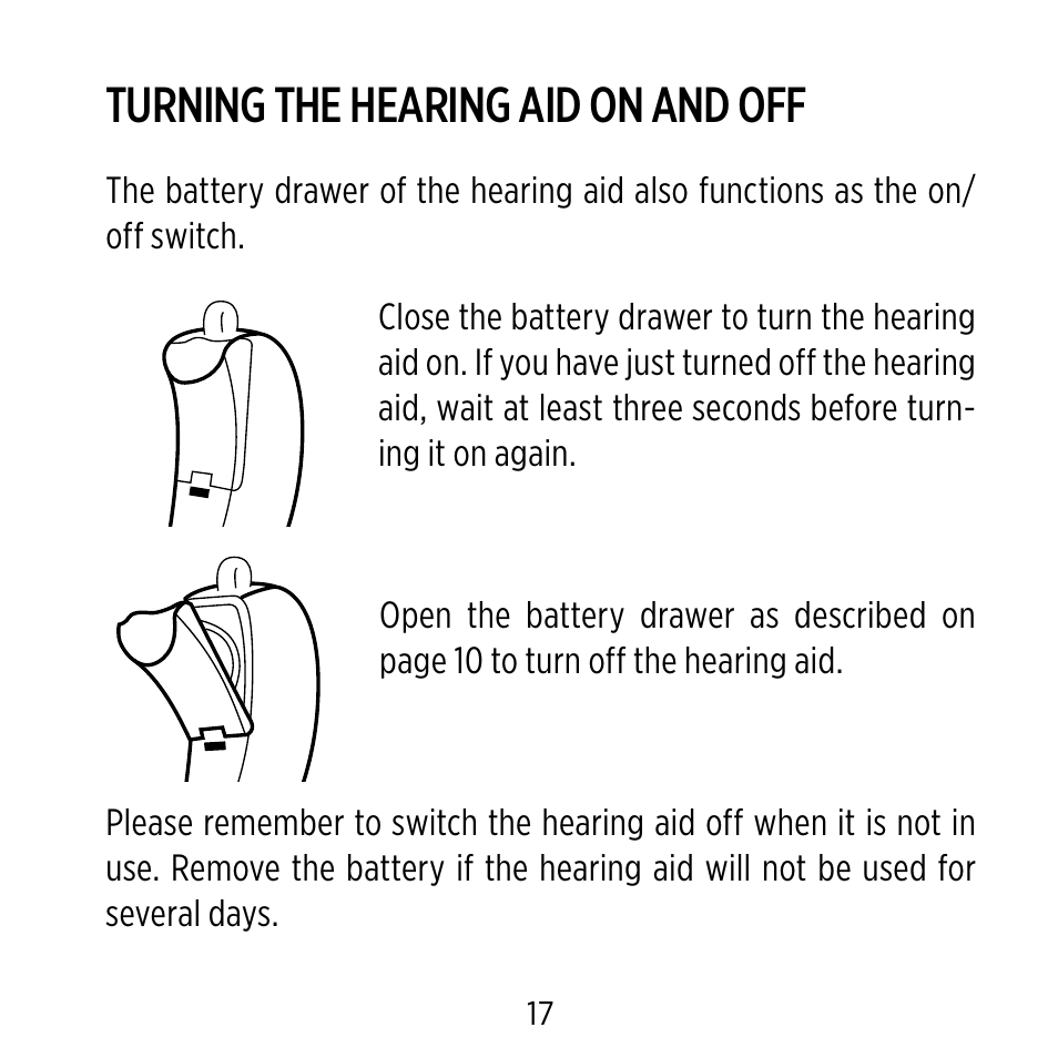 Turning the hearing aid on and off | Widex BB4 User Manual | Page 17 / 60