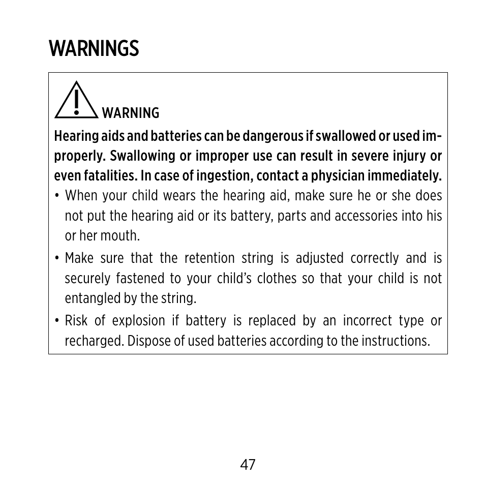 Warnings | Widex BB4 User Manual | Page 47 / 60