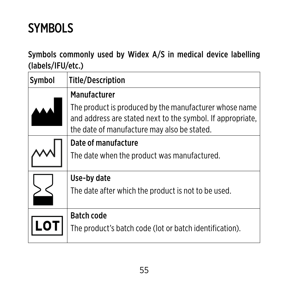 Symbols | Widex BB4 User Manual | Page 55 / 60