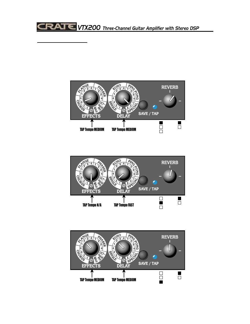 Vtx200, Three-channel guitar amplifier with stereo dsp, 10 dsp factory presets | Factory preset 1: clean w/chorus, delay, reverb, Factory preset 2: rhythm w/slapback delay, Factory preset 3: solo w/flange, delay, reverb, Delay, Delay effects effects effects, Reverb | Crate Amplifiers VTX200 User Manual | Page 10 / 16