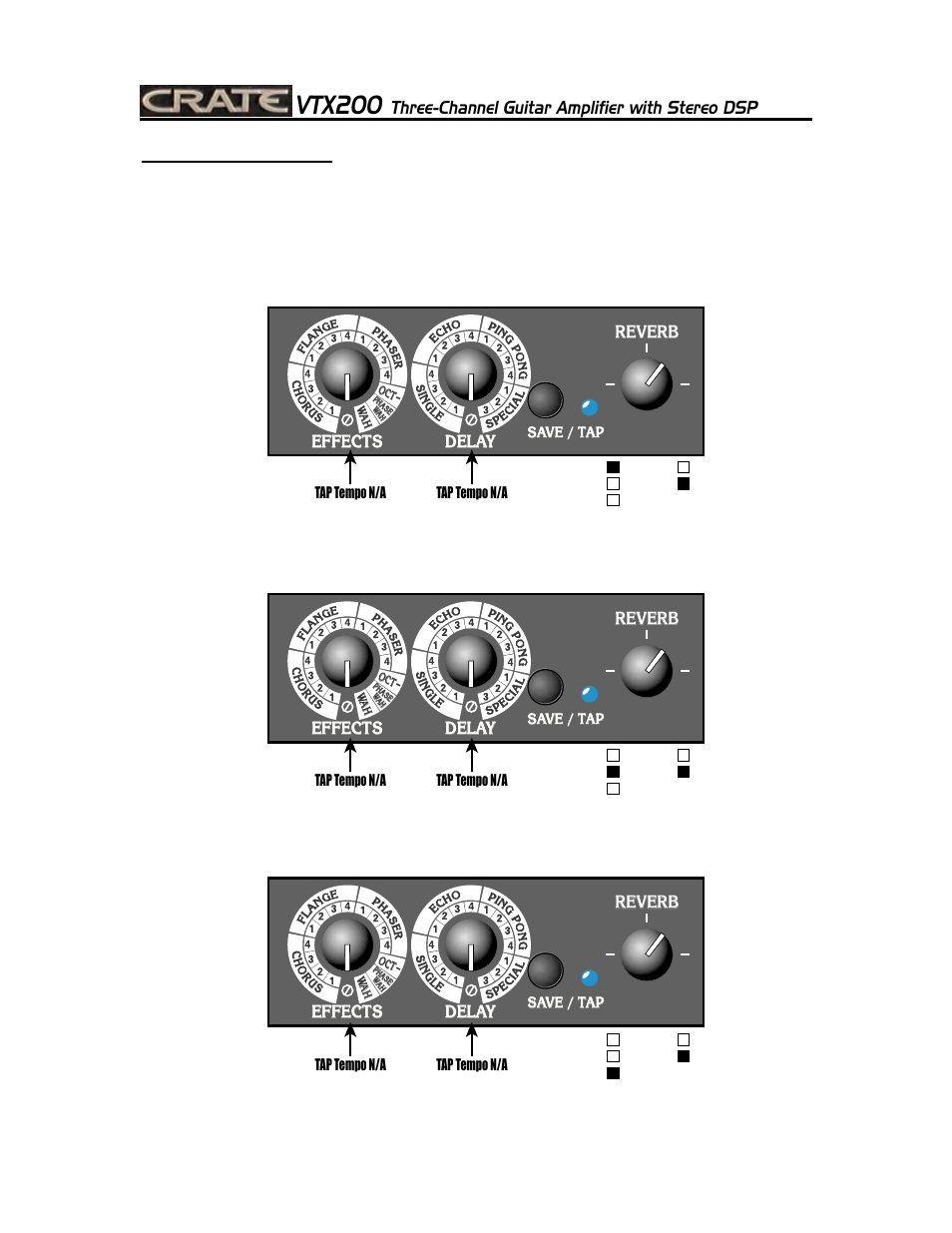 Vtx200, Three-channel guitar amplifier with stereo dsp, 11 dsp factory presets | Factory preset 4: clean w/reverb, Factory preset 5: rhythm w/reverb, Factory preset 6: solo w/reverb, Delay, Delay effects effects effects, Reverb | Crate Amplifiers VTX200 User Manual | Page 11 / 16