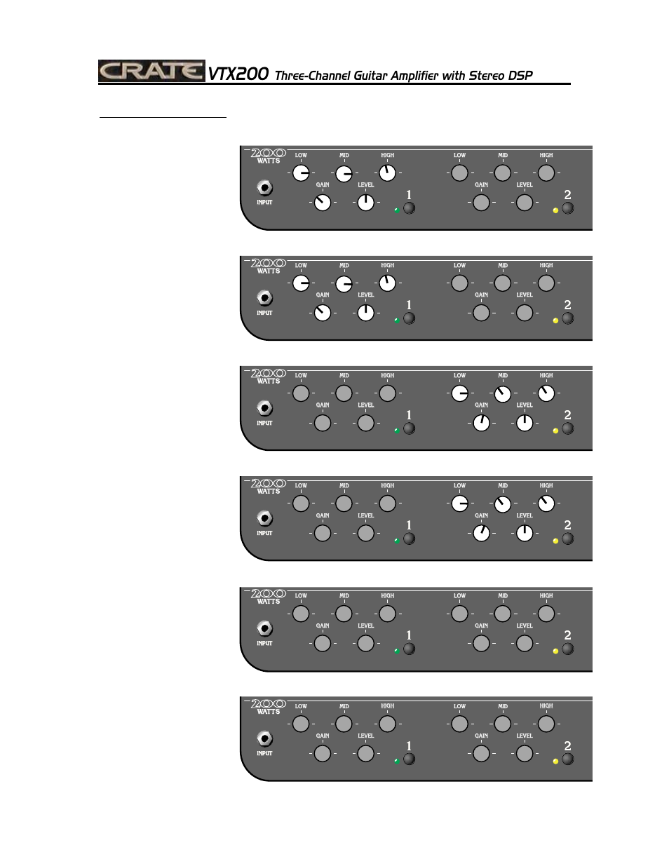 Vtx200, Three-channel guitar amplifier with stereo dsp, 12 suggested settings | Oceanic, Super funk, Arena, Haze faze, Solo wah, Octanator, Clean with vibrato, delay, & reverb | Crate Amplifiers VTX200 User Manual | Page 12 / 16