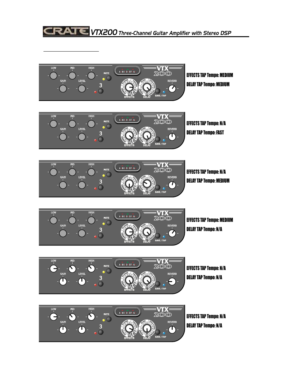 Vtx200, Three-channel guitar amplifier with stereo dsp, 13 suggested settings | Crate Amplifiers VTX200 User Manual | Page 13 / 16