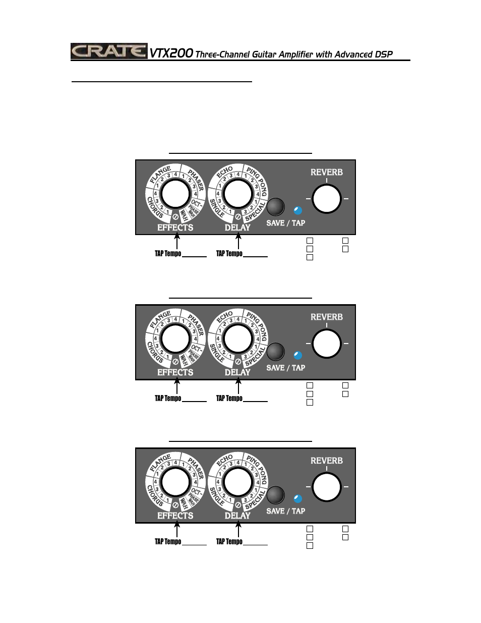 Vtx200, Three-channel guitar amplifier with advanced dsp, 14 dsp “fill in the blanks” (user settings) | User preset, Delay, Delay effects effects effects, Reverb, Copy this page to fill in your own dsp presets | Crate Amplifiers VTX200 User Manual | Page 14 / 16