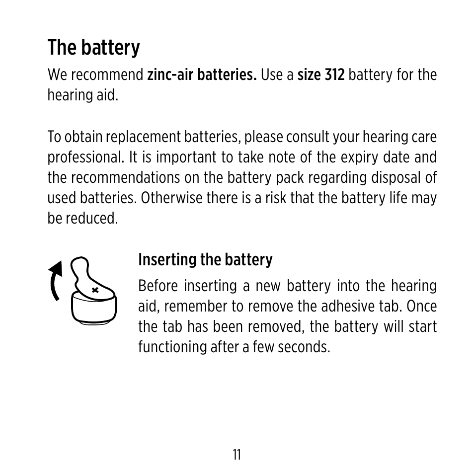 The battery | Widex D-XP User Manual | Page 11 / 80