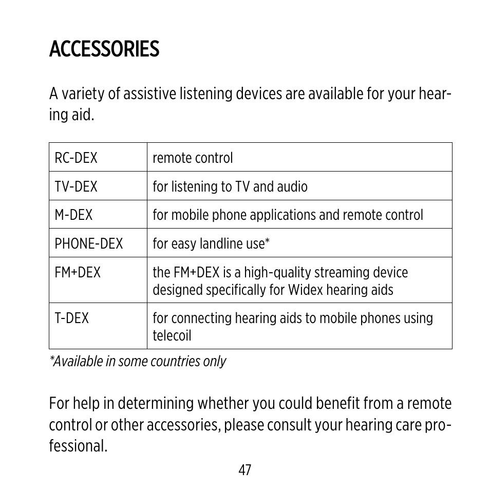 Accessories | Widex D-XP User Manual | Page 47 / 80