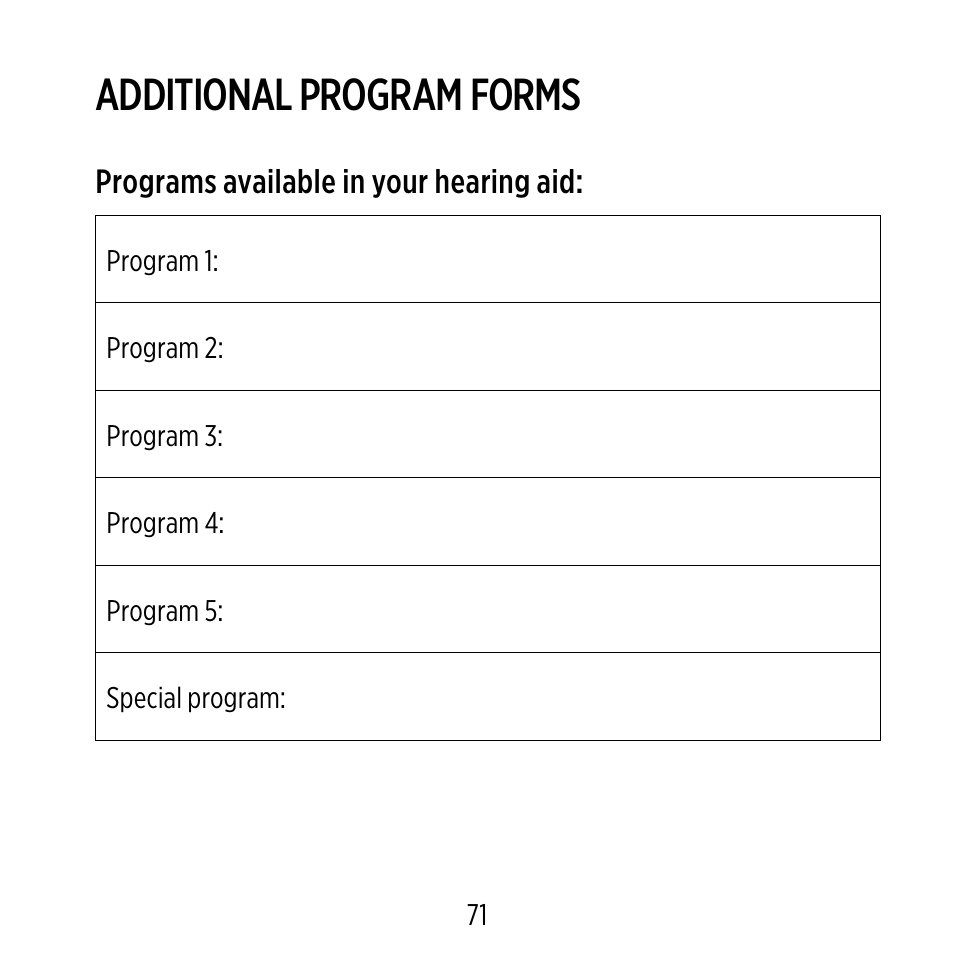 Additional program forms | Widex D-XP User Manual | Page 71 / 80