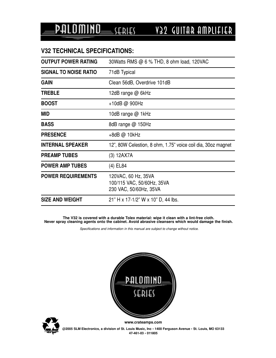 V32 guitar amplifier, V32 technical specifications | Crate Amplifiers PALOMINO V32 User Manual | Page 12 / 12