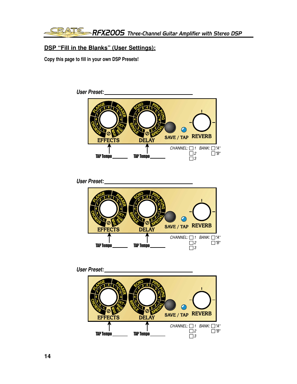 Rfx200s, Three-channel guitar amplifier with stereo dsp, 14 dsp “fill in the blanks” (user settings) | User preset, Delay, Delay effects effects effects, Reverb, Copy this page to fill in your own dsp presets | Crate Amplifiers RFX200S User Manual | Page 14 / 16