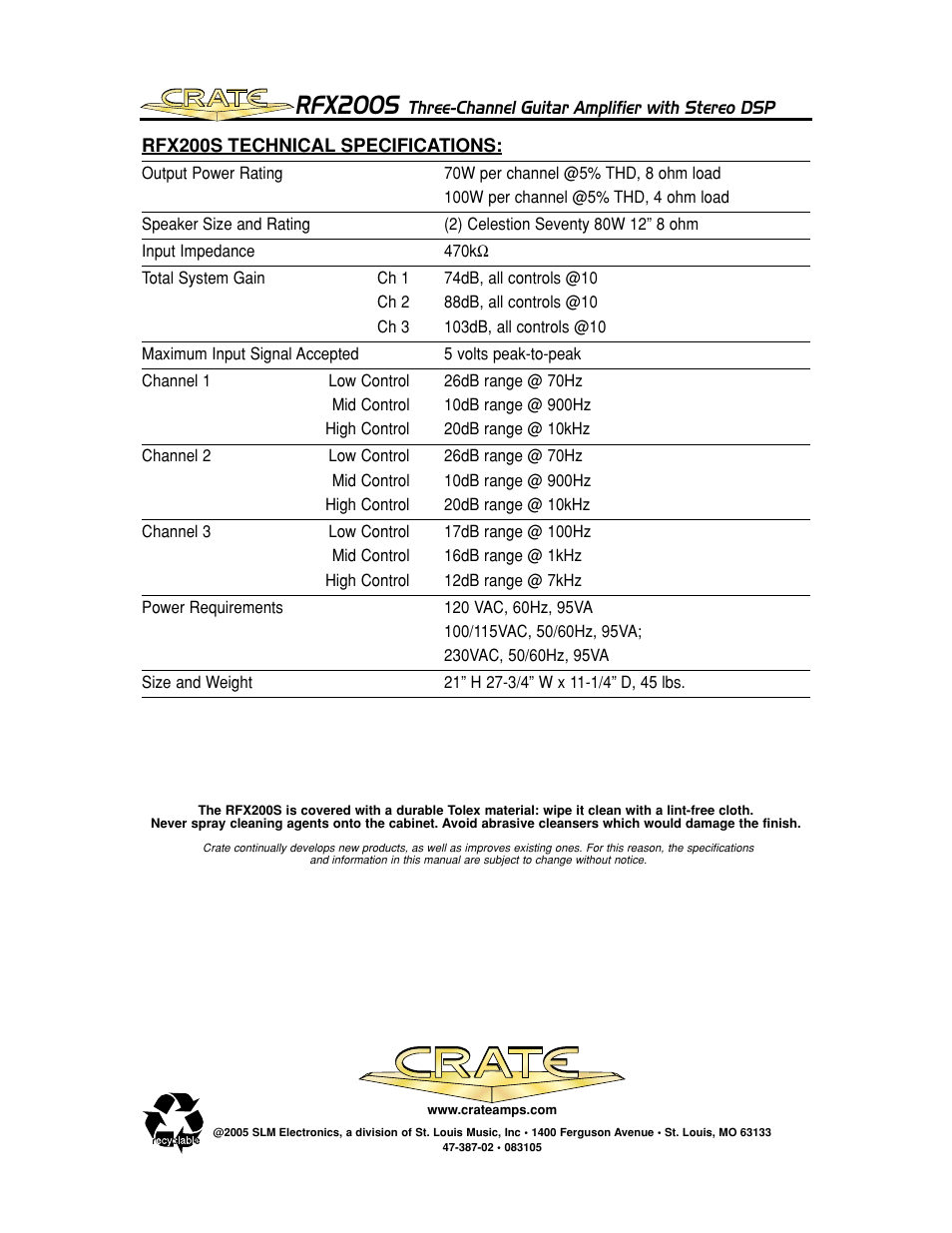 Rfx200s | Crate Amplifiers RFX200S User Manual | Page 16 / 16