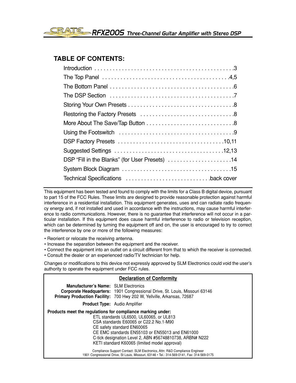 Crate Amplifiers RFX200S User Manual | Page 2 / 16