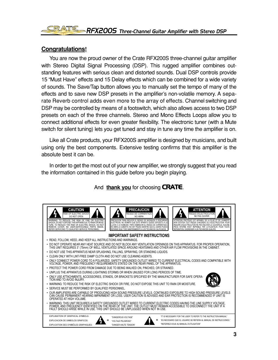 Rfx200s, Ccr ra at te e, Three-channel guitar amplifier with stereo dsp | Crate Amplifiers RFX200S User Manual | Page 3 / 16