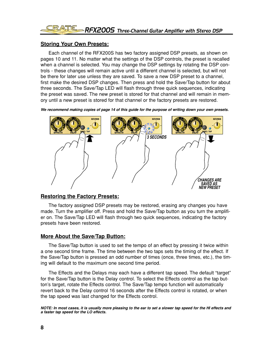 Rfx200s, Three-channel guitar amplifier with stereo dsp, 8storing your own presets | Restoring the factory presets, More about the save/tap button, 3 seconds, Changes are saved as new preset | Crate Amplifiers RFX200S User Manual | Page 8 / 16