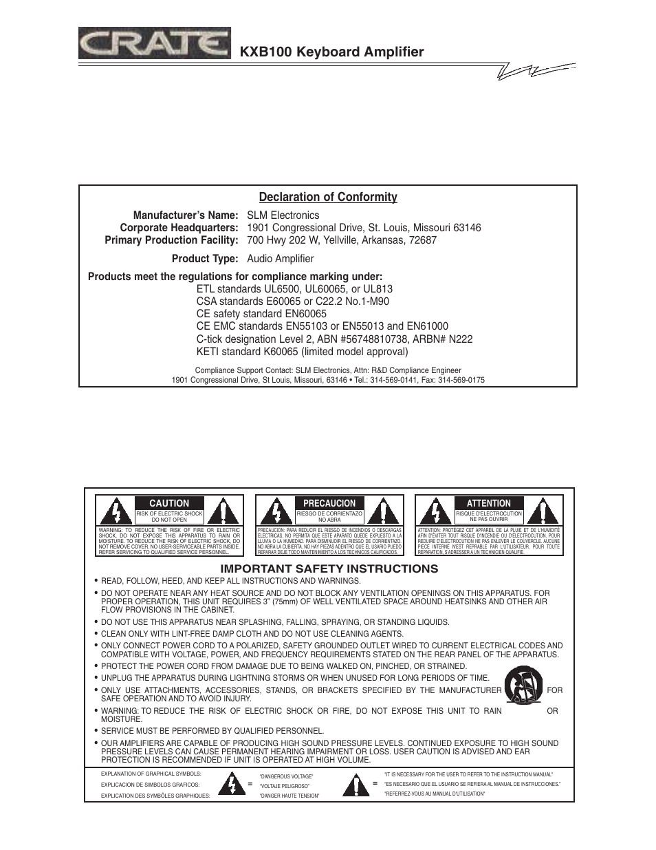 Kxb100 keyboard amplifier, Declaration of conformity | Crate Amplifiers KXB100 User Manual | Page 2 / 8