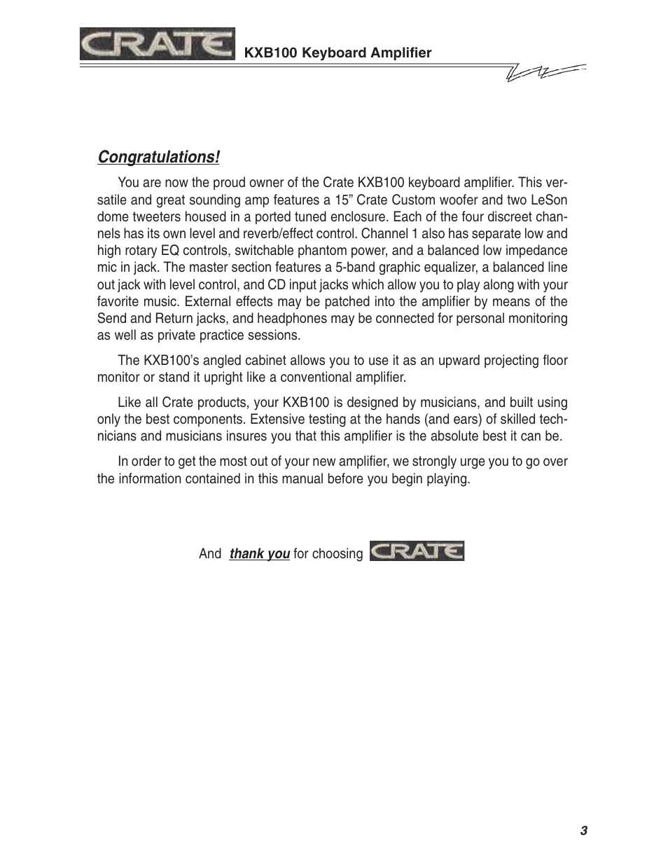 Crate Amplifiers KXB100 User Manual | Page 3 / 8