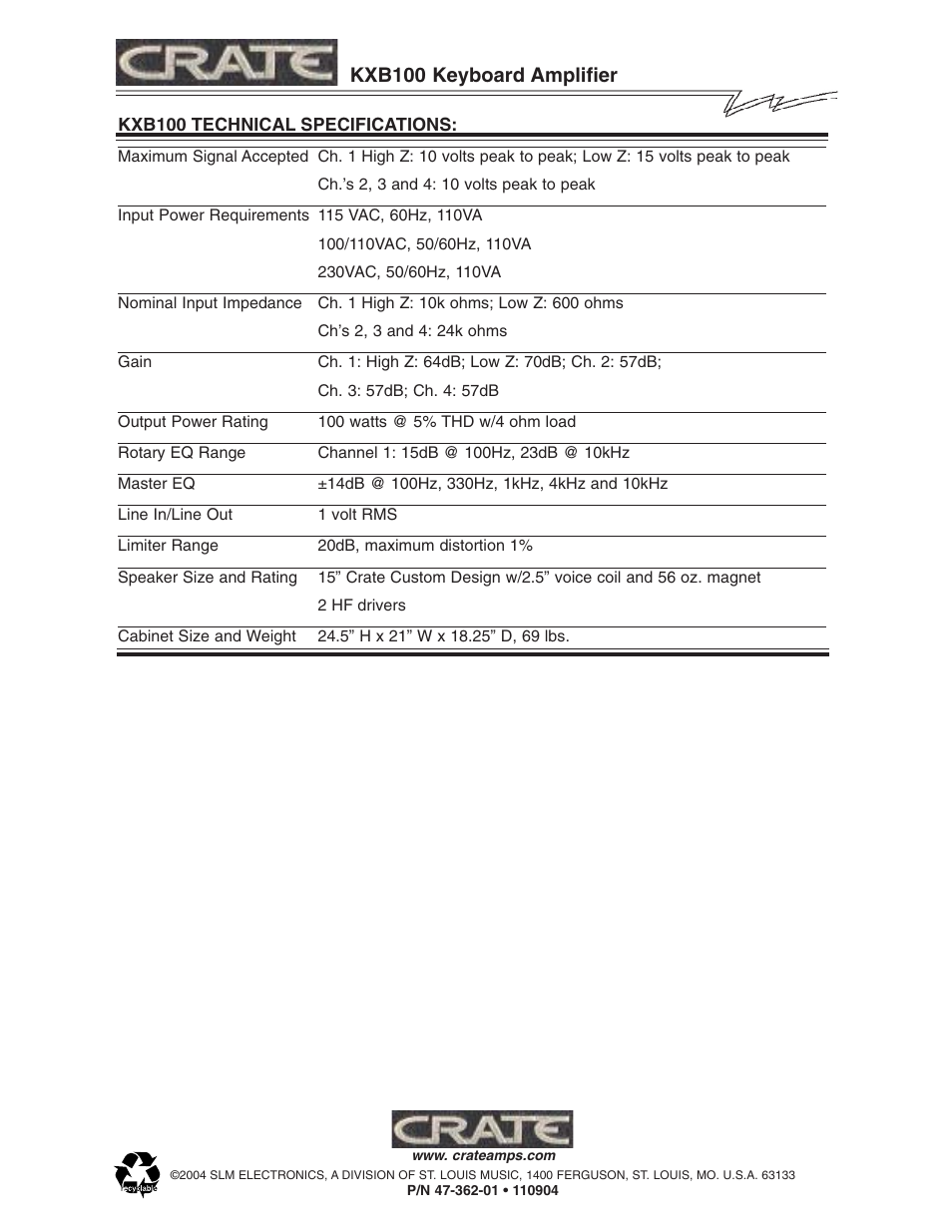 Kxb100 keyboard amplifier | Crate Amplifiers KXB100 User Manual | Page 8 / 8