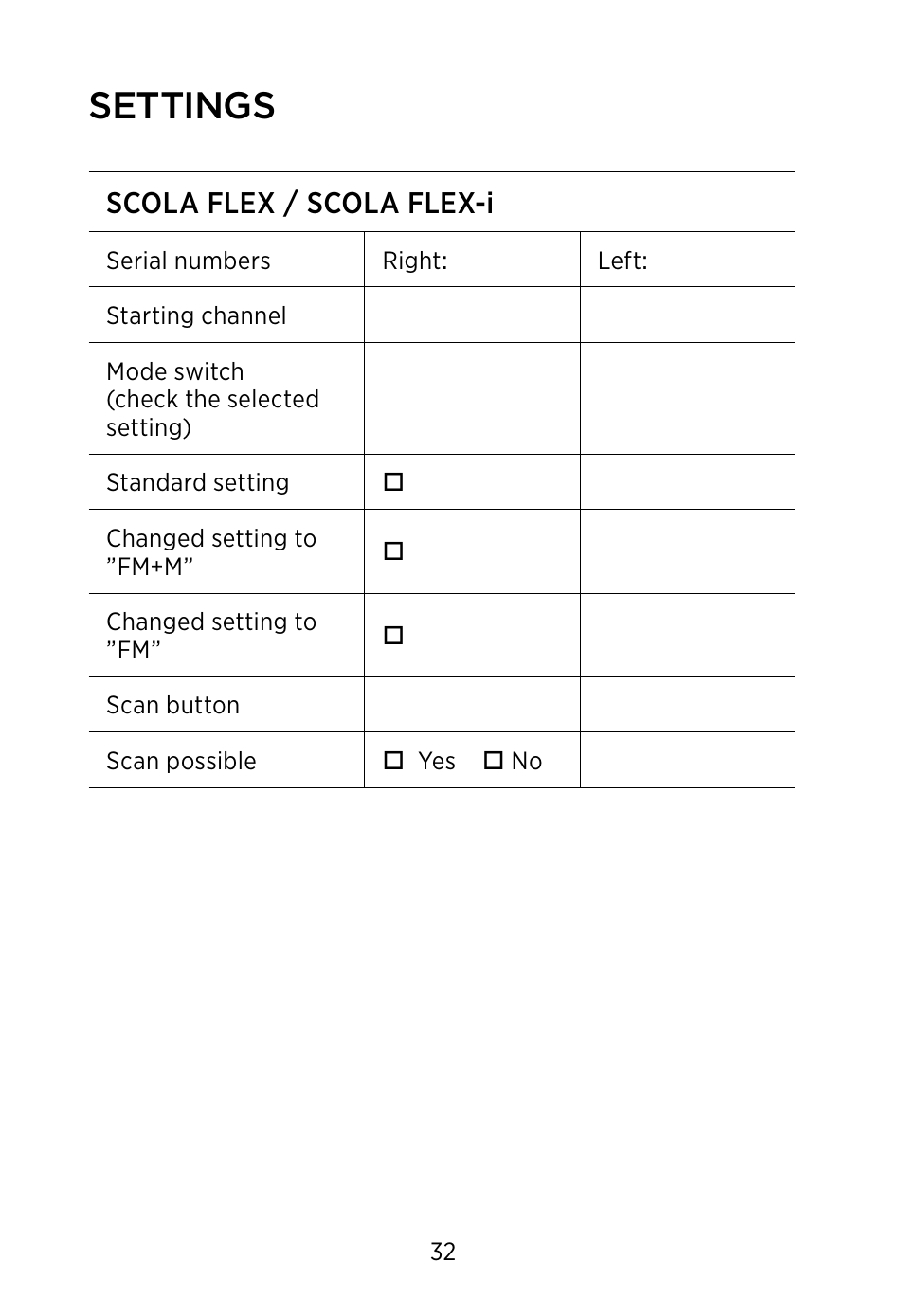 Settings | Widex SCOLA FLEX User Manual | Page 32 / 36