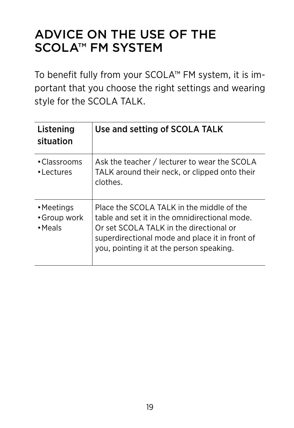 Advice on the use of the scola™ fm system | Widex SCOLA TALK User Manual | Page 19 / 40