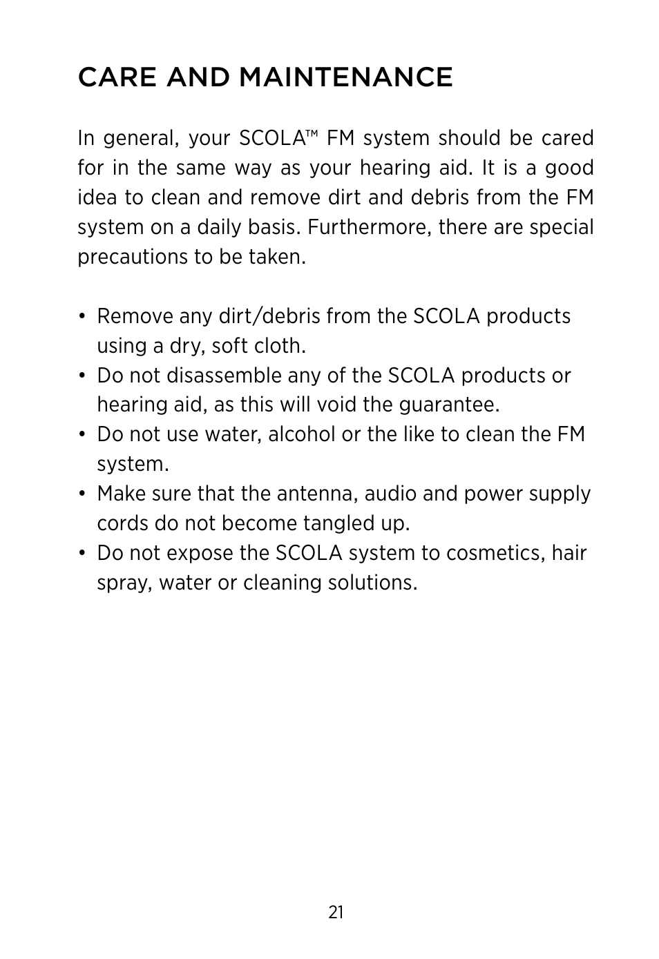 Care and maintenance | Widex SCOLA TALK User Manual | Page 21 / 40