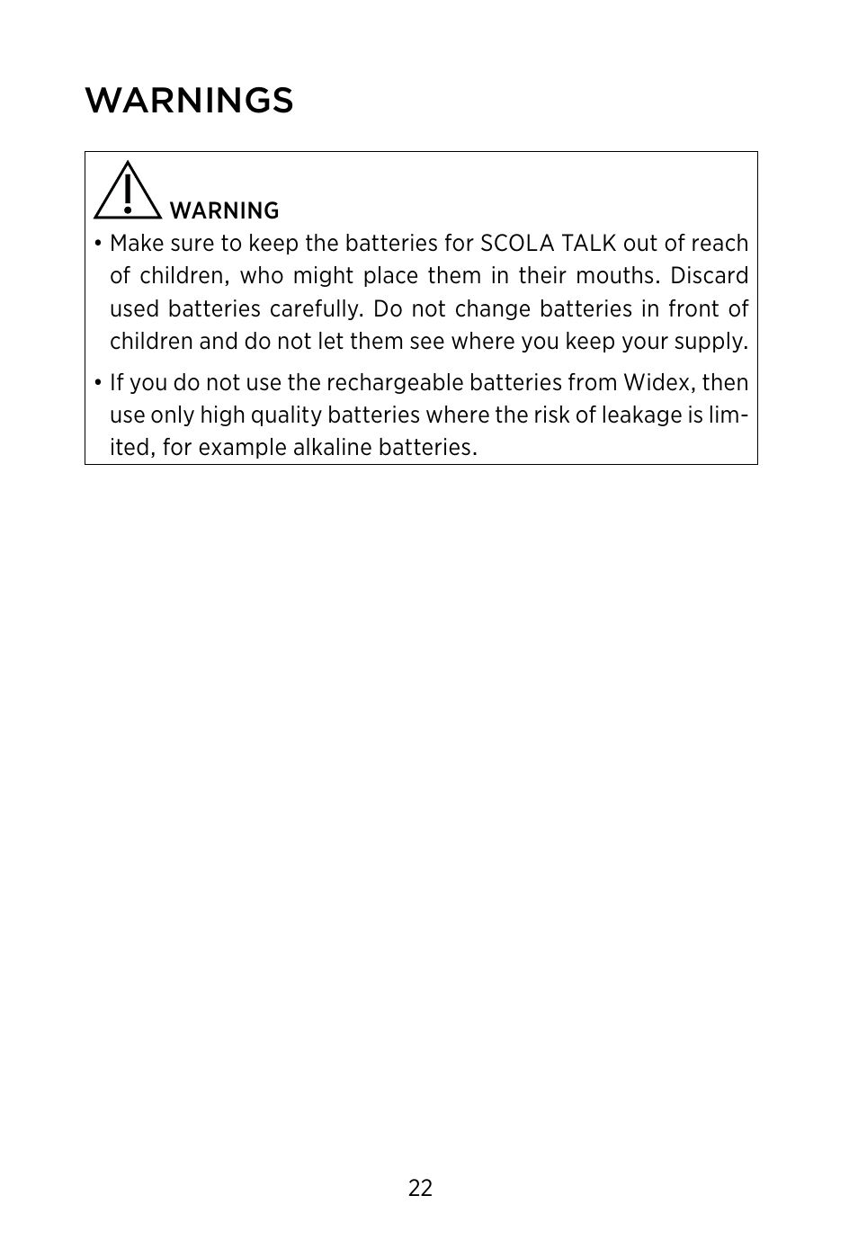 Warnings | Widex SCOLA TALK User Manual | Page 22 / 40