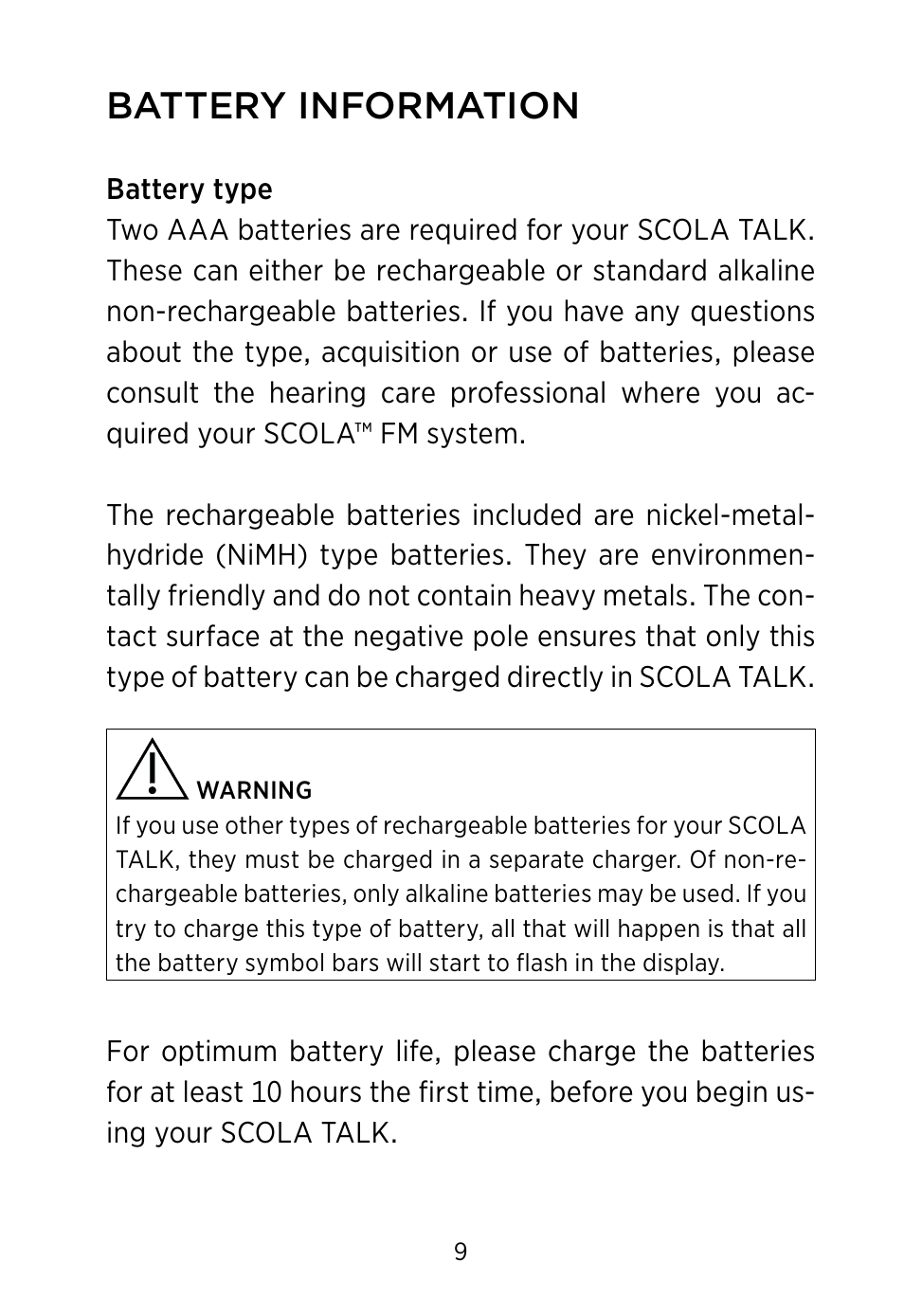 Battery information | Widex SCOLA TALK User Manual | Page 9 / 40