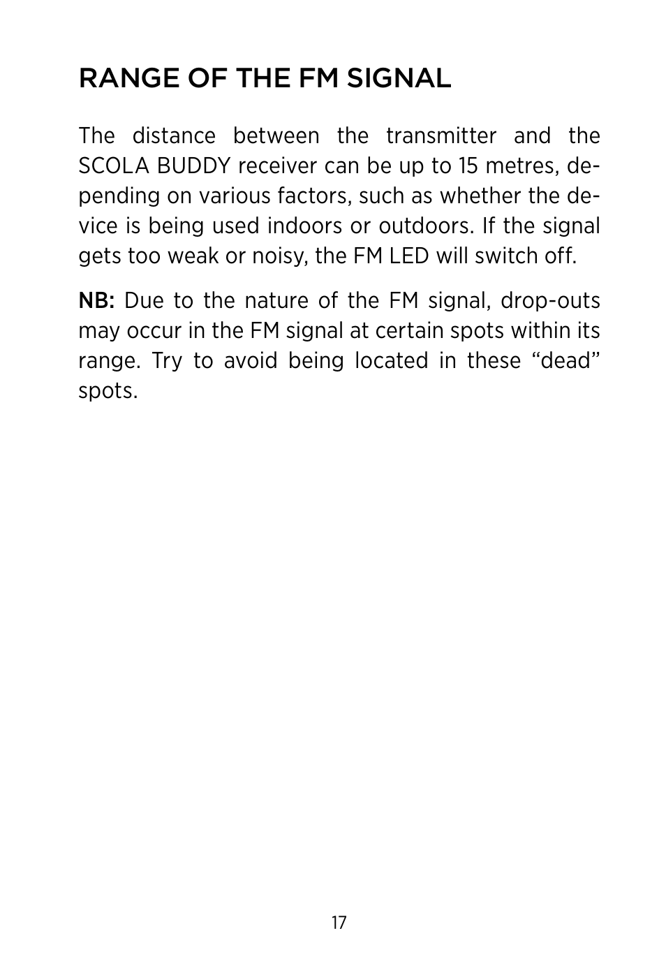 Range of the fm signal | Widex SCOLA Buddy User Manual | Page 17 / 48