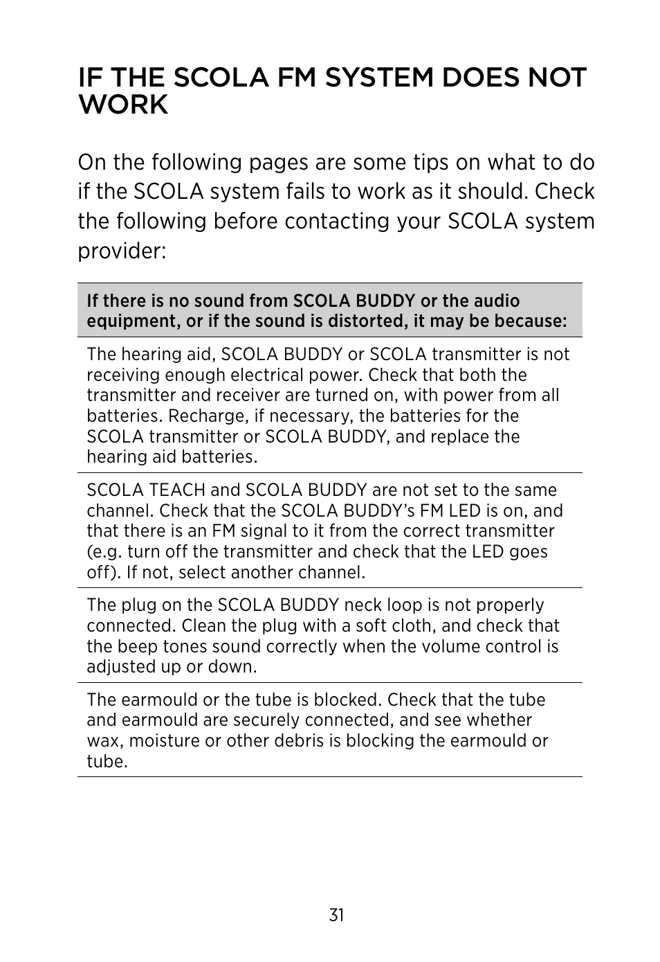 If the scola fm system does not work | Widex SCOLA Buddy User Manual | Page 31 / 48