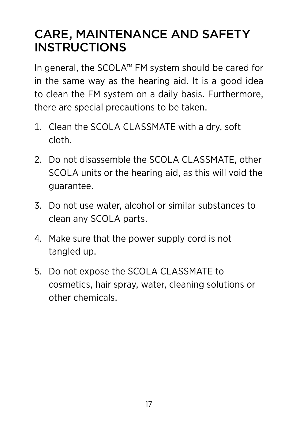 Care, maintenance and safety instructions | Widex SCOLA Classmate User Manual | Page 17 / 32