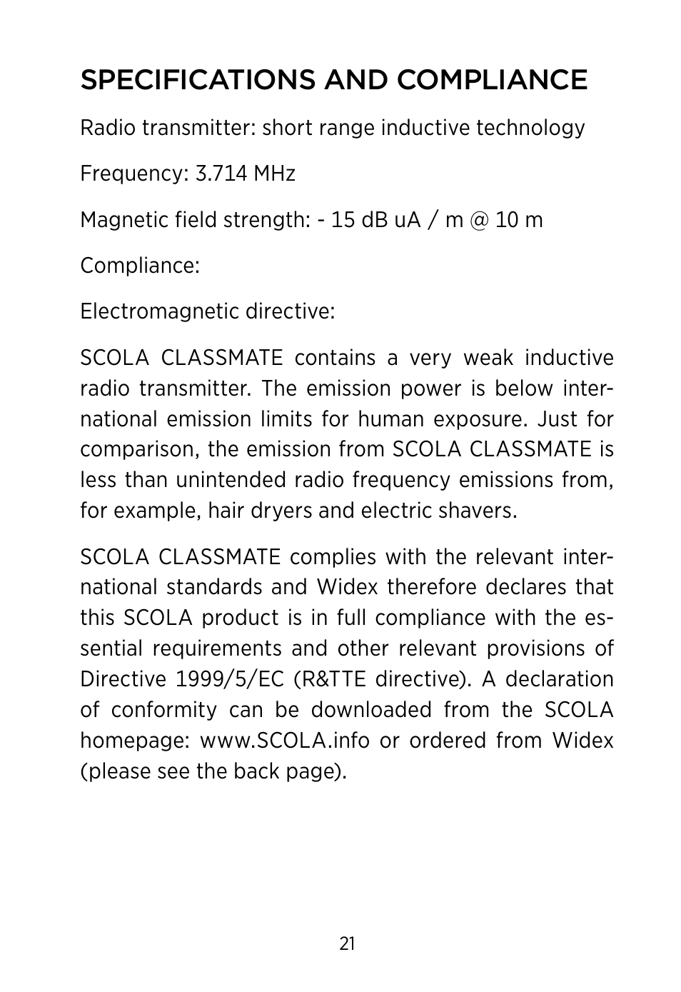 Specifications and compliance | Widex SCOLA Classmate User Manual | Page 21 / 32