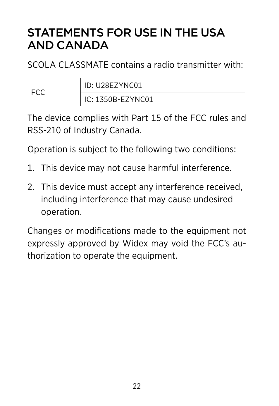 Statements for use in the usa and canada | Widex SCOLA Classmate User Manual | Page 22 / 32