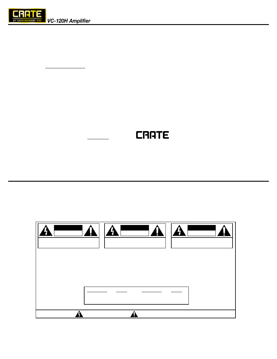 Vc-120h amplifier, Caution, Attention | Vorsicht | Crate Amplifiers VC-120H User Manual | Page 2 / 8