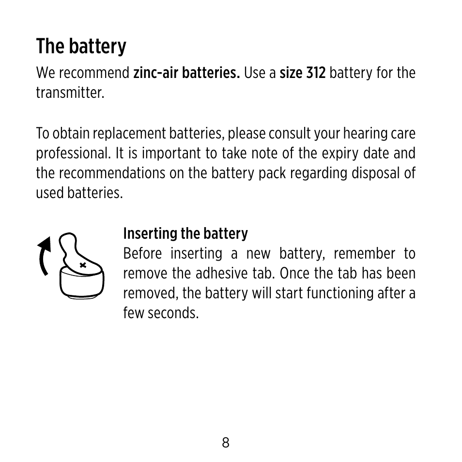 The battery | Widex CROS-FS User Manual | Page 8 / 48