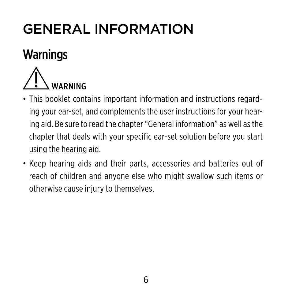 General information warnings | Widex Ear-sets for BTE User Manual | Page 6 / 84