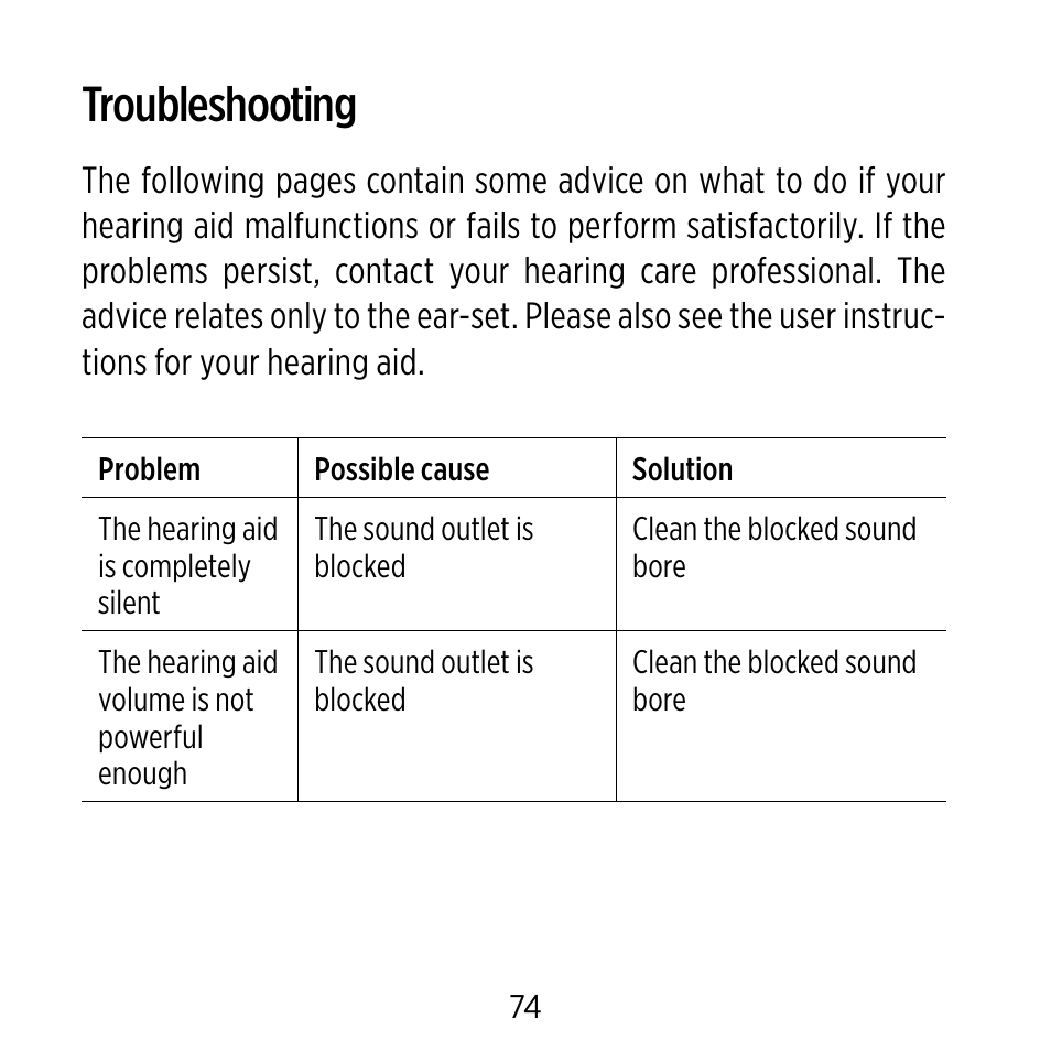 Troubleshooting | Widex Ear-sets for BTE User Manual | Page 74 / 84