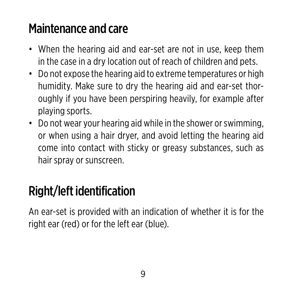 Maintenance and care, Right/left identification | Widex Ear-sets for BTE User Manual | Page 9 / 84