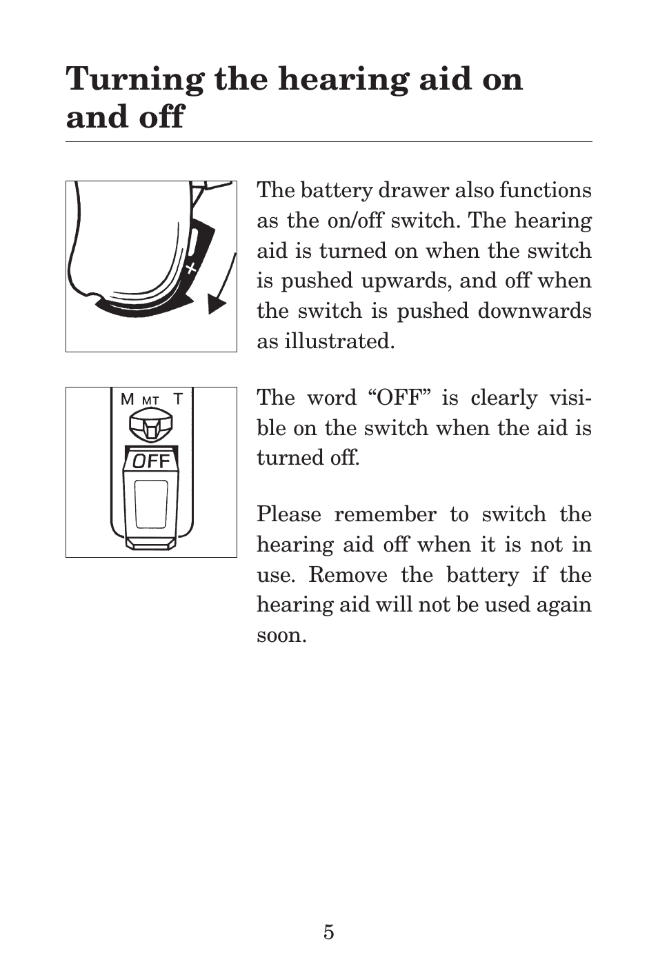 Turning the hearing aid on and off | Widex P38 User Manual | Page 5 / 32