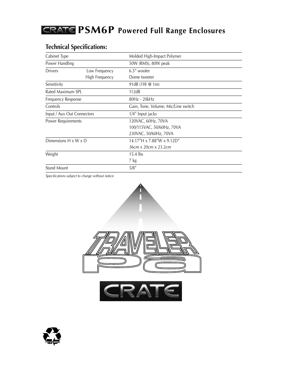 Psm6p, Powered full range enclosures, Technical specifications | Crate Amplifiers PSM6P User Manual | Page 8 / 20