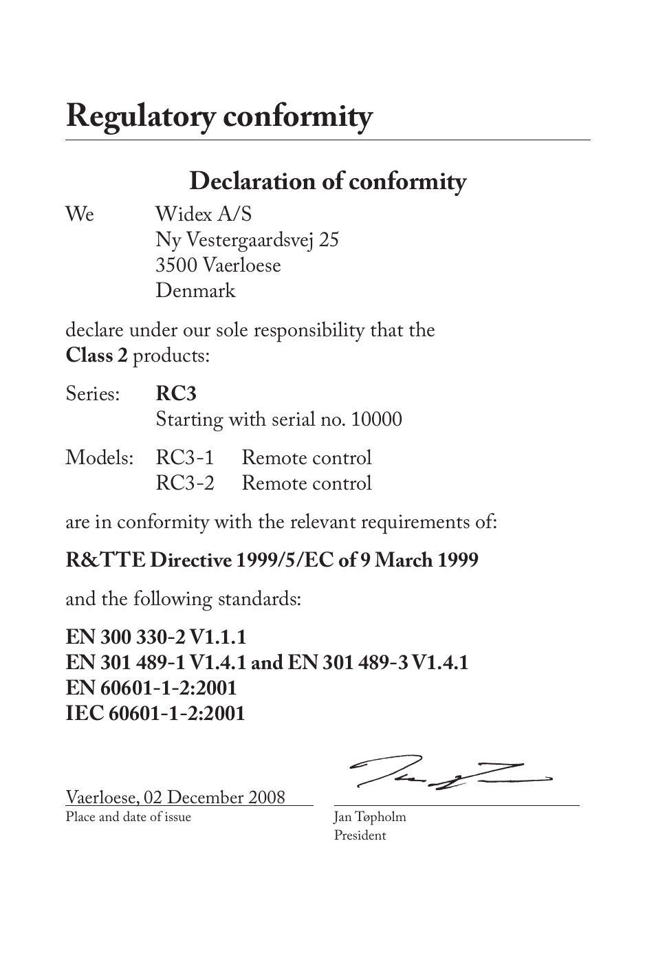 Regulatory conformity, Declaration of conformity | Widex RC3-2 User Manual | Page 42 / 44