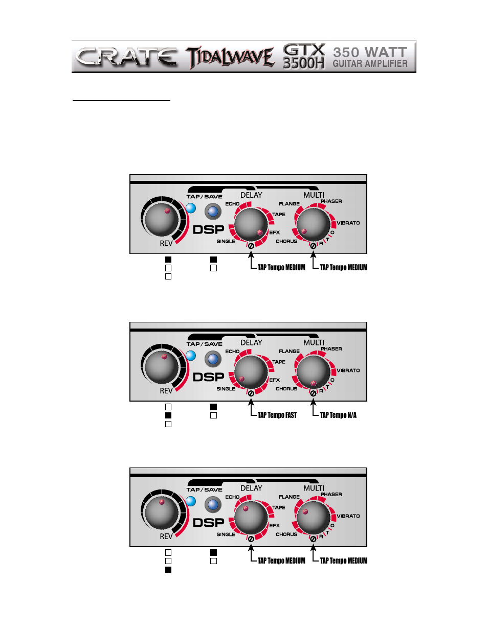 Factory preset 2: rhythm w/slapback delay, Factory preset 3: solo w/flange, delay, reverb | Crate Amplifiers GTX3500H User Manual | Page 10 / 16