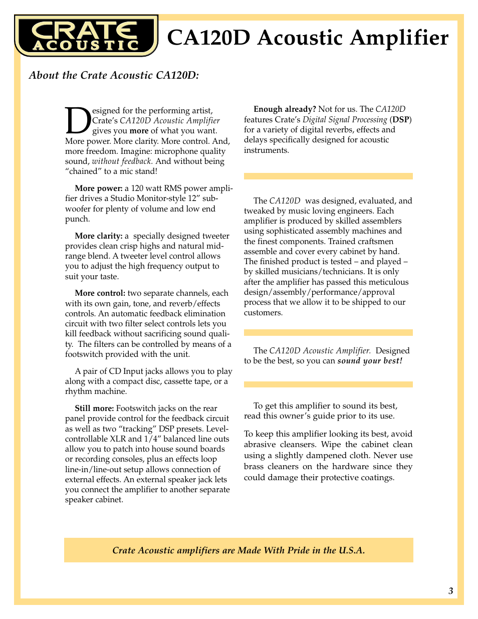 Ca120d acoustic amplifier | Crate Amplifiers Acoustic CA120D User Manual | Page 3 / 8